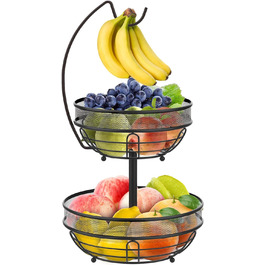 Дворівневий кошик для фруктів Bomclap - Кухонна миска для фруктів з тримачем для бананів - Знімна 2-рівнева металева етажера - Декоративний кошик для овочів на кухонну стійку - Чорний
