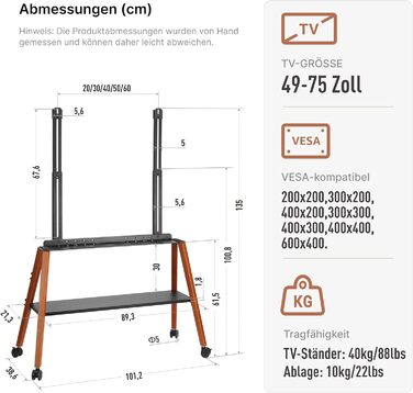 Підставка для телевізора ECOTINY на колесах для 49-75 дюймів, до 40 кг, Easel Design, металева конструкція з дерев'яною полицею, білий (чорний)