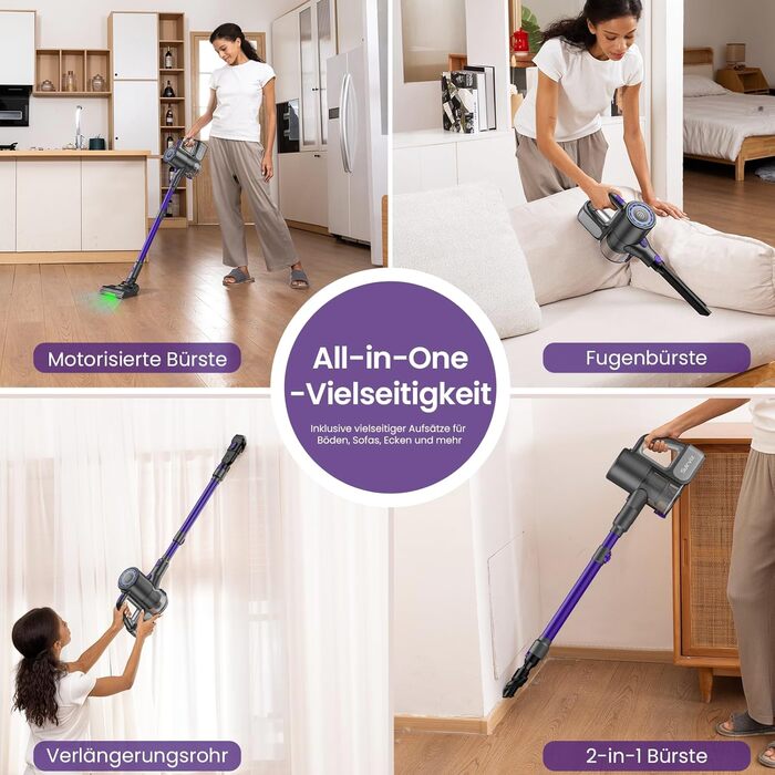 Suirviz Бездротовий акумуляторний пилосос, 40000Pa/500W/45хв, самостійна парковка, легкий, для твердих поверхонь, килимів, шерсті тварин, фіолетовий