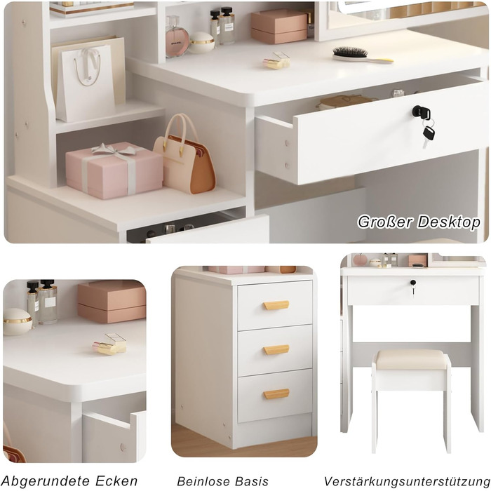 Трюмо YuYe з LED-підсвічуванням, регульованою яскравістю, дзеркалом, пуфом, 5 шухлядами та 3 полицями, сучасний комод для макіяжу з дерева, білий (125)