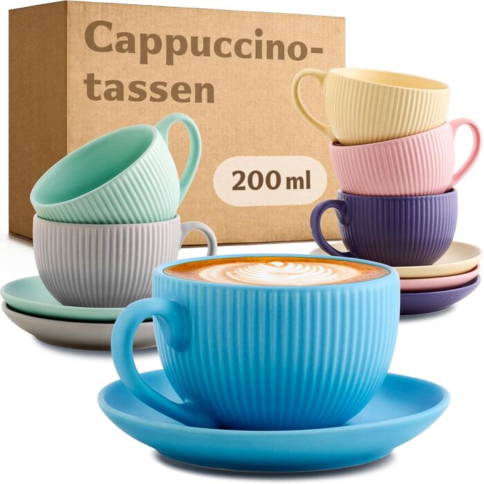 Капучино чашки Cosumy 6 шт. набір - 200 мл, кераміка, смугастий дизайн, миє в посудомийній машині, з ручкою