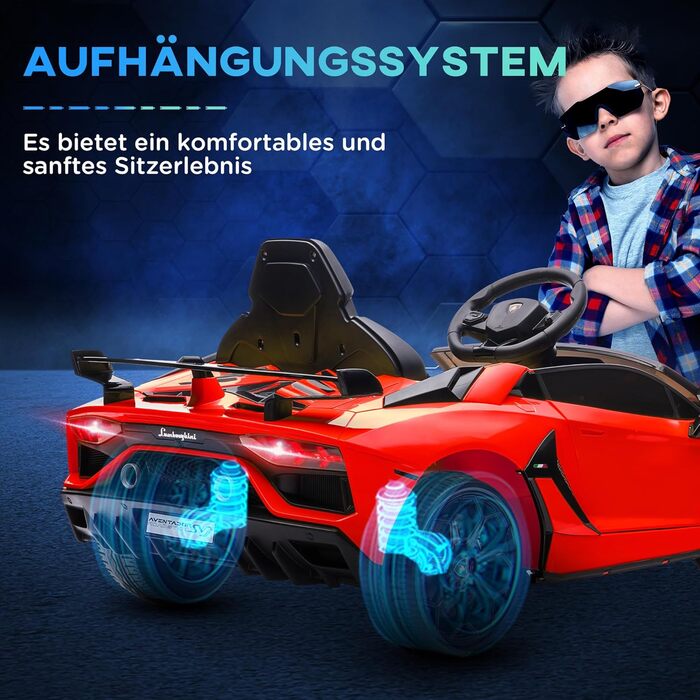 Дитячий електромобіль HOMCOM Lamborghini Aventador SVJ Roadster 12V, червоний, з пультом ДУ, MP3, світлом і звуком, для дітей 3-5 років