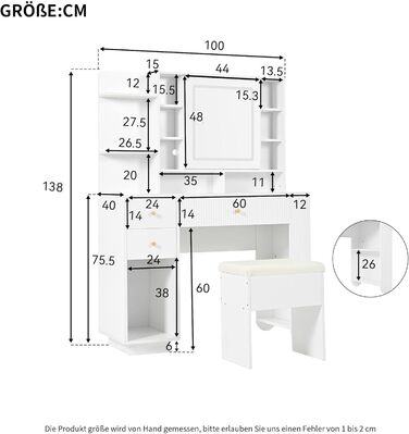 Туалетний столик Merax з дзеркалом та LED-підсвічуванням, з поличкою, 6 шухляд та золотими ручками, білий, 102x100x41.5 см (без табуретки)