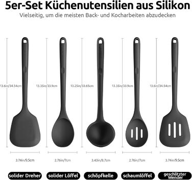 Набір кухонних аксесуарів U-Taste з силікону (5 шт.), стійкий до 315°C, BPA-free, антипригарний, для приготування, перемішування та подачі їжі (чорний)