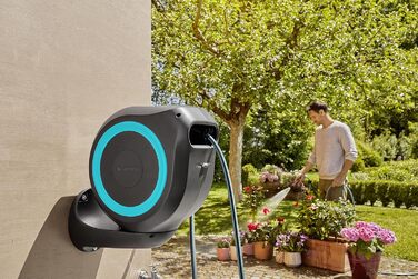 Шланг садовий Gardena RollUp M (бірюзовий) 20м: гнучкий, з поворотним барабаном, з кріпленням для стіни, з розпилювачем та 20м шлангу