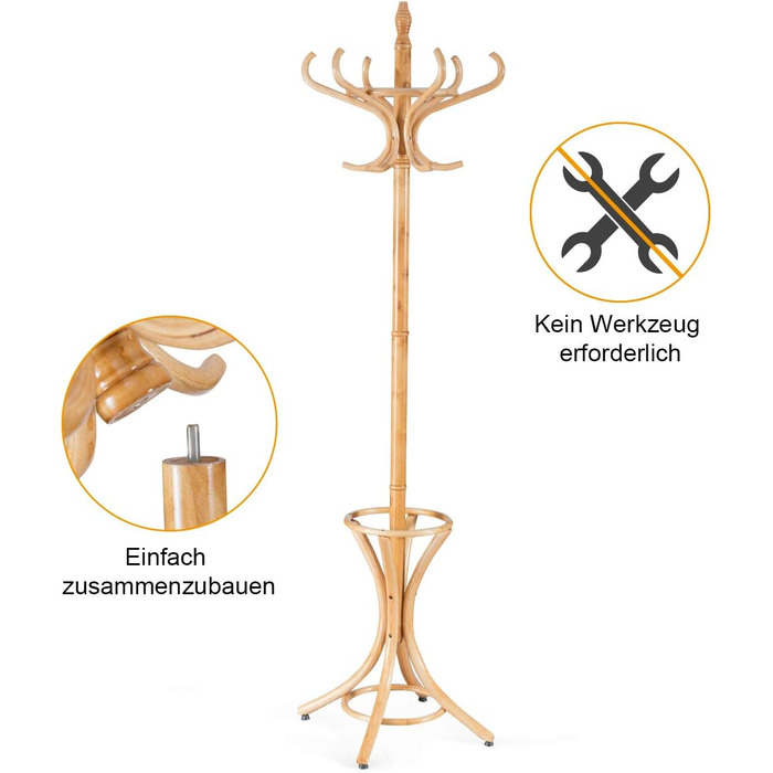 Стійка для одягу GIANTEX з підставкою для парасольки, дерев'яна, 12 гачків, для передпокою/вітальні (натуральний колір)