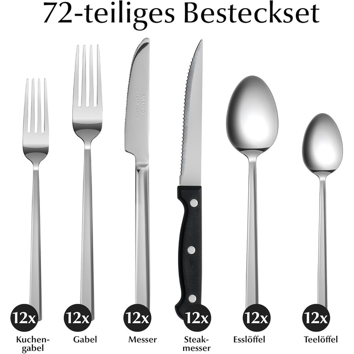Набір столових приборів Miamio для 6 осіб (72 шт.) з нержавіючої сталі 18/10, сріблястого кольору, придатний для миття в посудомийній машині
