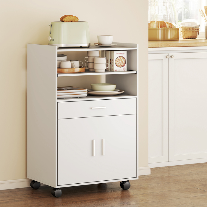 Мікрохвильова шафа-стелаж з двома дверцятами та висувними ящиками на колесах, білий