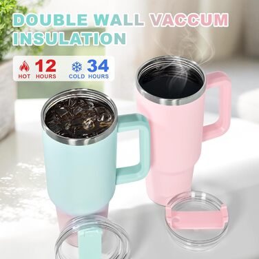 Термокружка FECBK з трубочкою та ручкою 1,2L, 100% захист від протікання, нержавіюча сталь, вакуумна ізоляція, тримає 12 годин гарячим / 34 години холодним, Gepard (Bubble Gum)