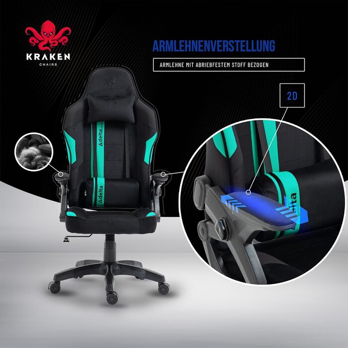 Крісло ігрове KRAKEN CHAIRS чорно-морського кольору, тканинне, ергономічне, для геймерів, вантажопідйомність 130 кг