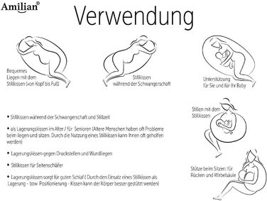 Подушка для годування Amilian 170 см позиціонування, подушка для вагітних і сну на боці, включаючи чохол, сіра зірка