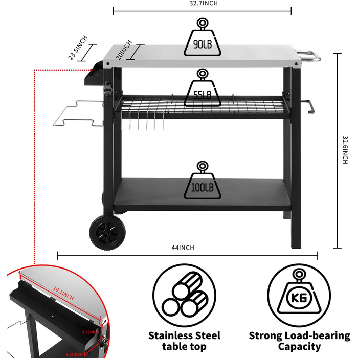 Грати для гриля з великою робочою поверхнею | Столик для гриля, вуличний гриль-тролей, грати для гриля на вулиці, стільниця з нержавіючої сталі для саду (срібло/чорний, 112*59*82 см)