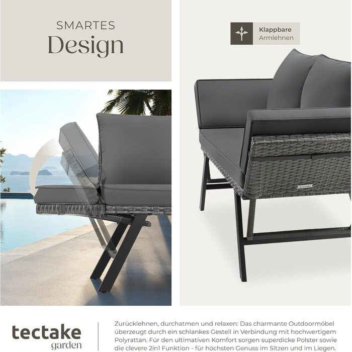 Садовий диван-шезлонг Tectake з ротангу, сірий - вуличні меблі для відпочинку з функцією сну та відкидними підлокітниками