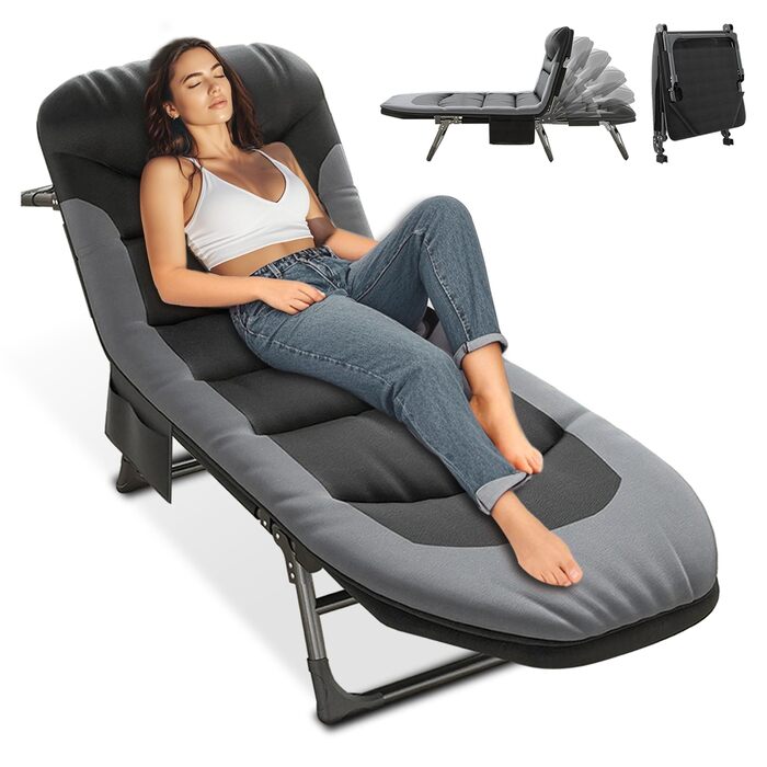 Розкладне кемпінгове ліжко-шезлонг XXL чорне, посилене польове ліжко з регульованою спинкою для відпочинку, рибалки та саду