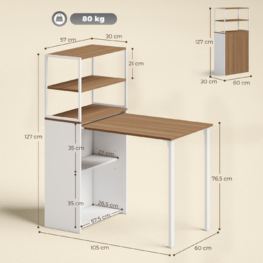 Стіл-трансформер для кухні з 4 полицями, комп'ютерний стіл, робочий стіл, стіл для ноутбука, 105 x 60 x 127 см, натуральне дерево