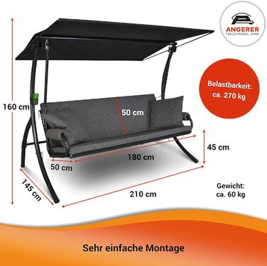 Гойдалка Анґерер Голлівуд Елеганс Джой – для сидіння, відпочинку та сну, з функцією ліжка, легка збірка, Made in Germany, високоякісна тканина, темно-сіра