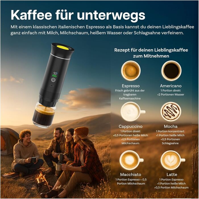 Портативна кавомашина MMOBIEL: електрична еспресо-машина з підігрівом, USB-C, для кави в зернах та капсул – ідеальна для подорожей, кемпінгу, дому, офісу, авто (чорний)