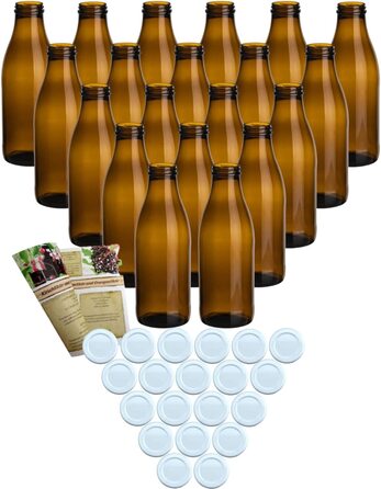 Набір з 20 пляшок для соку gouveo об'ємом 1000 мл з кришкою, що загвинчується білого кольору-велика скляна пляшка об'ємом 1 літр з кришкою TO48-порожня пляшка для наповнення кухні та будинку (20 шт., коричневий / білий)