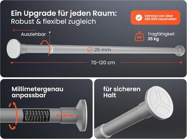 Телескопічна штанга для кріплення 260-310 см, Ø 25 мм, багатофункціональна штанга без свердління. Підходить для карнизів, штор, душових завіс, ванних кімнат та балконів (70-120 см, сіра)