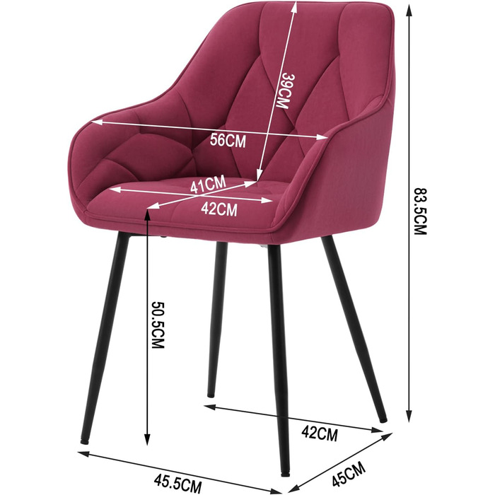 Набір з 2-х обідніх стільців WOLTU, для вітальні та кухні, ергономічні, з підлокітниками, м'яке сидіння з оксамиту (Бордо)
