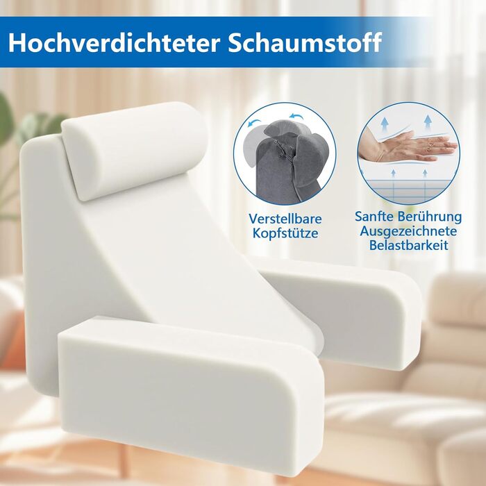 Підголовник для читання в ліжко/диван з підлокітниками та подушкою для голови, спинка для дорослих, V-подібний килимок знімним чохлом, килимок для читання/ігор/перегляду телевізора