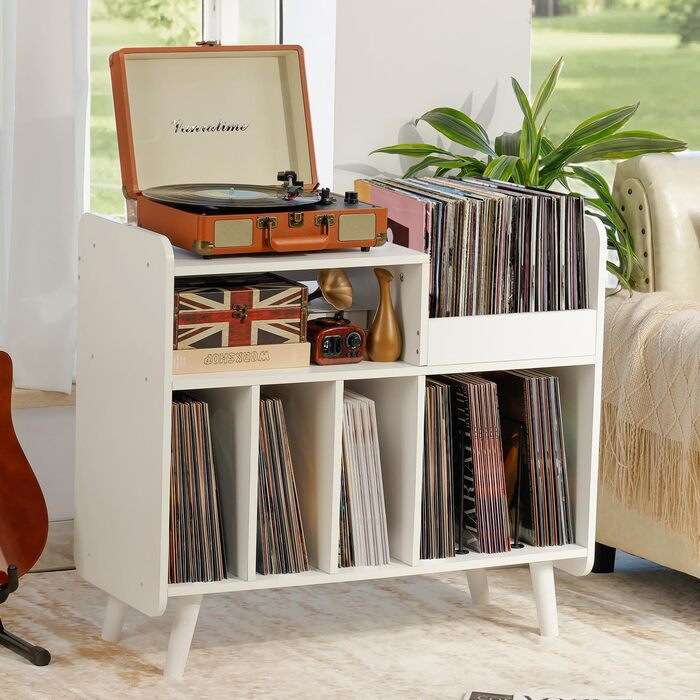 Стіл для програвача вінілу, стійка для програвача середини століття з місцем для зберігання до 350+ платівок, шафа для вінілових платівок з регульованими полицями (Білий)
