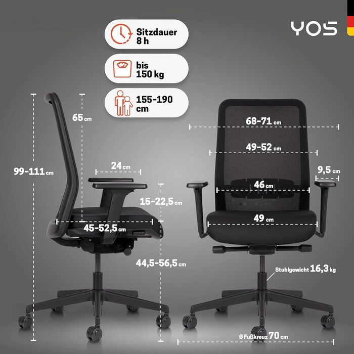 Офісний стілець YOS S5 з підтримкою спини та голови, до 150 кг, чорний. Зроблено в Німеччині