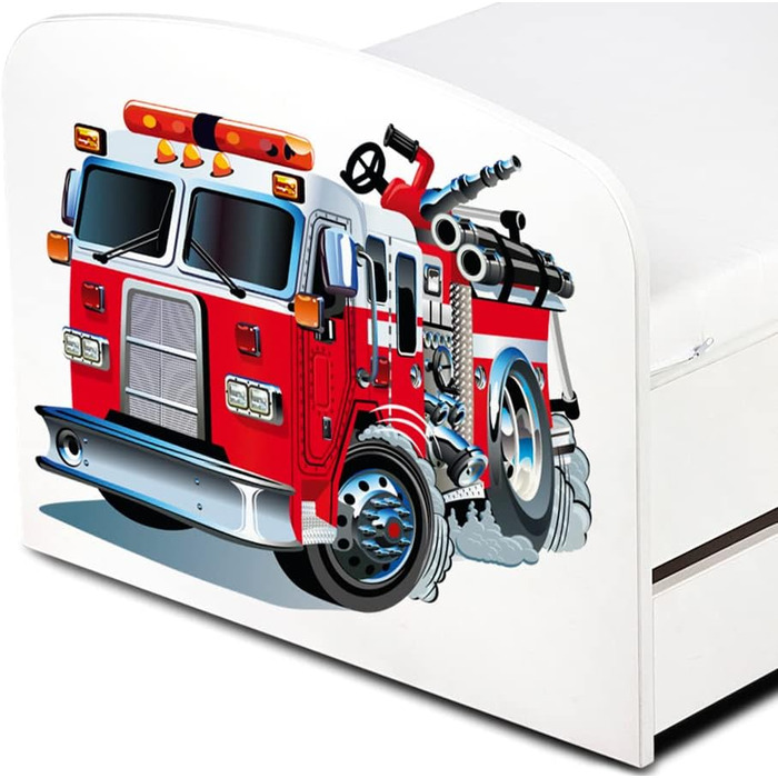 Дерев'яне ліжко Leomark з функціями для дітей - ліжко з матрацом, боковиками та ламелями, розмір спального місця 70/140 см, друк UV (пожежна машина)