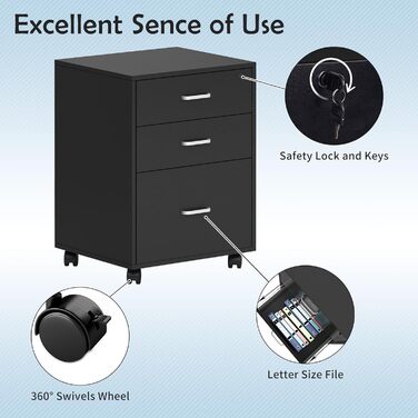 Шафа для документів на колесах SogesHome, мобільний контейнер для офісу, з 3 висувними ящиками, з ключем, білий/чорний, для дому та офісу