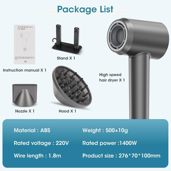 Професійний фен для волосся з безщітковим двигуном 110 000 об/хв, іонізацією (200 млн негативних іонів), 4 температурних та 2 швидкісних режимах, з дифузором та концентратором