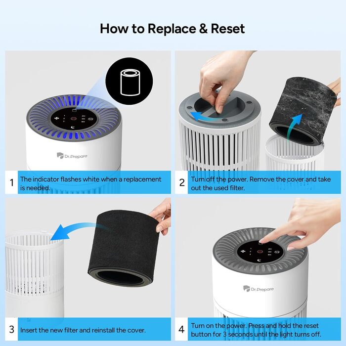 Повітряний фільтр DR.PREPARE для алергіків, тихий, енергоефективний, HEPA фільтр, видаляє 99,97% цвілі та пилу, миючий попередній фільтр, 15dB, режим сну, для спальні, офісу