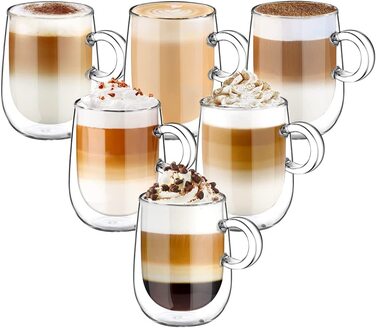 Скляні чашки для капучіно glastal з подвійними стінками, келихи для латте маккіато, набір з 2 кавових келихів об'ємом 360 мл, чайні келихи з ручкою, кавові чашки з боросилікатного скла, Набір склянок з подвійними стінками, кавові кружки (Type1-прозорий, t