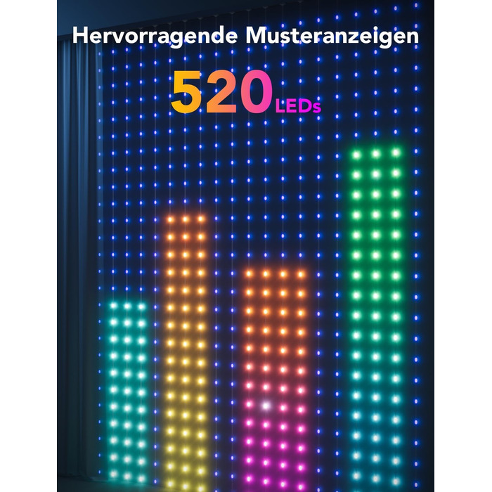 Штори Govee, 520 світлодіодів RGBIC, візерунок своїми руками, розумна штора, 86 режимів, IP65, сумісний з Alexa (1,52 м)