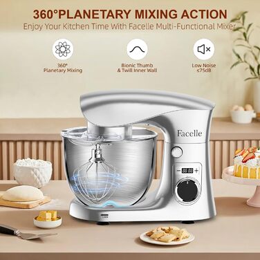 Кухонна машина-міксер Facelle 1500W з 5.5L та 4.5L чашами, 10+ програм, тиха робота, срібна