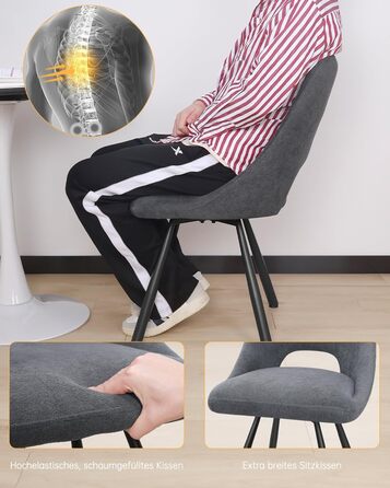 LEWE Комплект обідніх стільців 6 шт., поворотні, для кухні, вітальні, спальні, ергономічні, без підлокітників, тканина кашемір (темно-сірий, 4 поворотні)