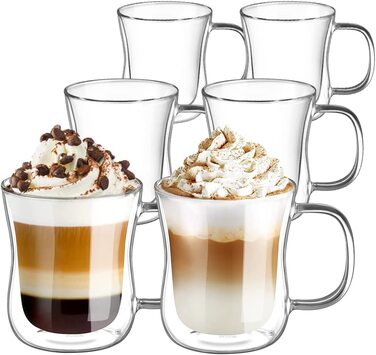 Скляні чашки для капучіно з подвійними стінками, латте для макіато, скляні кавові чашки з боросилікатного скла, набір з 2 кавових склянок об'ємом 350 мл, чайні келихи з ручкою для капучино, латте для макіато, чаю, морозива, молока, пива (Тіп6-350 мл * 6, 