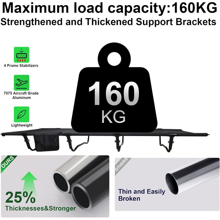 Польове ліжко для кемпінгу Ultraleicht, складане розкладне ліжко для відпочинку на природі та дому, максимальне навантаження 160 кг, чорне