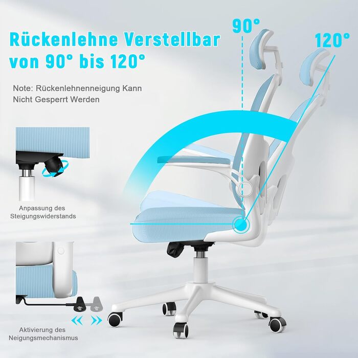 Ергономічне офісне крісло Naspiro з сітчастою спинкою, регульованими підлокітниками, підголівником, поперековою підтримкою, регулюванням висоти, поворотним механізмом 360°