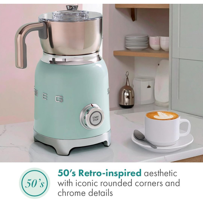 Пінсувальник молока Smeg MFF11PGEU, багатофункціональний, індукційний, 6 програм, ручний режим, скляна колба 600 мл, мірна кришка, вбудований переливання, 500W, пастельно-зелений