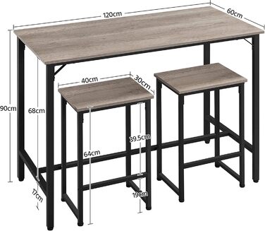 Набір кухонних столів з 2 барними стільцями, 120x60x90 см, промисловий дизайн, вінтаж коричнево-сірий, 3 шт.