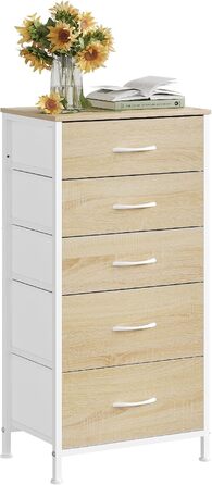 Комод WOLTU з 5 висувними ящиками з тканини, шафа-комод, тумбочка, для спальні, вітальні, передпокою, з металевим каркасом та ДСП, світлий дуб + білий, SSK004whe
