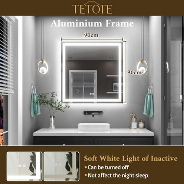 Дзеркало для ванної кімнати TETOTE з підсвічуванням 90x90 см, без рами, LED-touch, 3 кольори, регулювання яскравості, функція пам'яті