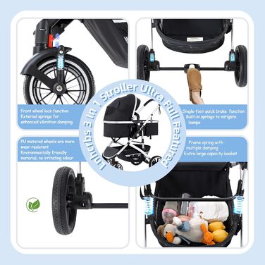 Дитяча коляска 3 в 1, туристична, швидко складається, з фіксацією передніх коліс, для дітей 0-4 роки (сірий)