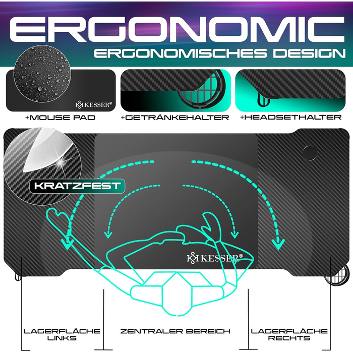 Ігровий стіл KESSER 160см х 60см Z-подібна форма Гачки для навушників і карбонове покриття Підстаканник чорний