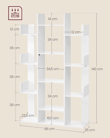 Книжкова шафа VASAGLE у формі дерева, 13 відділень, 25x86x140 см, LBC67BXV1, біла