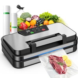 Вакууматор 10-в-1 для продуктів 95 кПа, вакуумний пакувальник з подвійною термозаваркою, вбудованим ножем та відсіком для пакетів, сталевий корпус, комплект з 2 рулонами