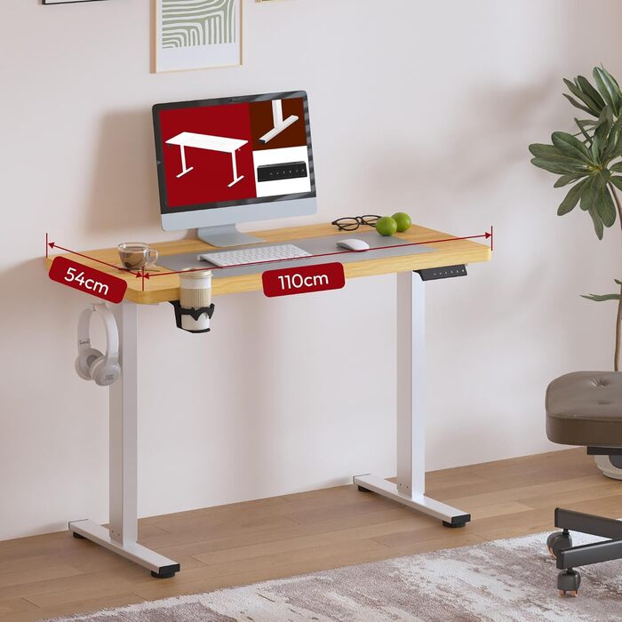Регульований стіл Sanodesk з великою стільничною поверхнею, аксесуарами (підстаканник, гачки, органайзер, кабель-менеджмент), ергономічний для офісу та дому, шпон берези, 110x54 см, білий+шпон берези