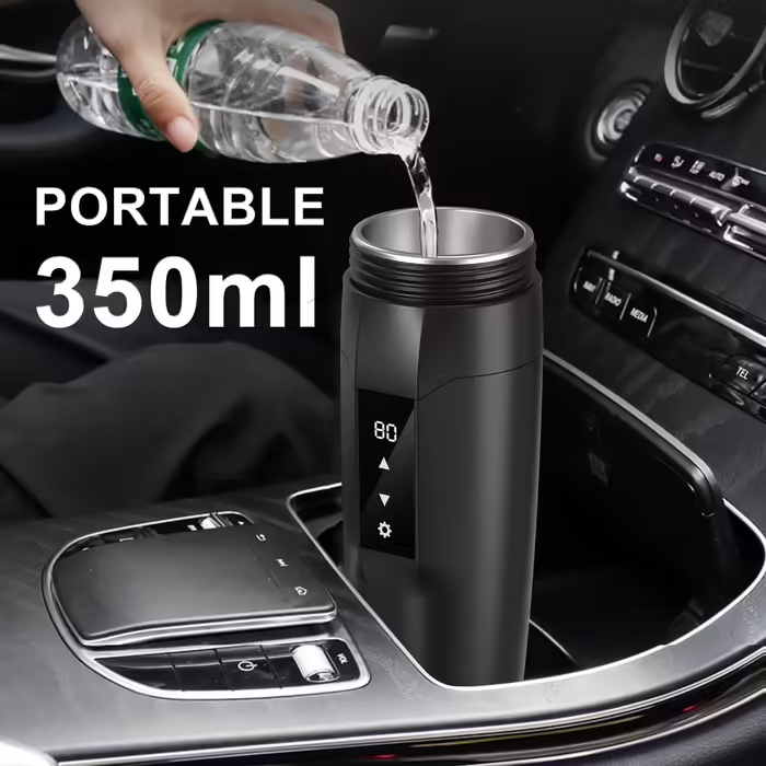 Портативний автомобільний електрочайник 350 мл, 304 сталь, 12В, швидке кип’ятіння, захист від перегріву, регулювання температури, антипроливний