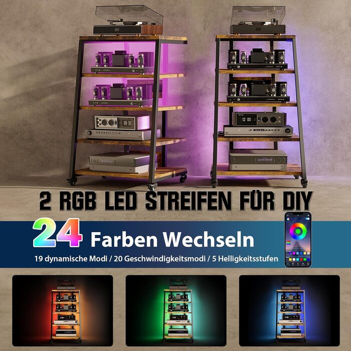 Стеллаж для Hi-Fi апаратури з коліщатками, стіл для програвачів з розетками, LED-підсвічуванням та регульованими полицями. Металевий стійка для аудіо- та стереосистем, 60 x 52 x 110 см