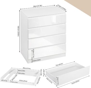 Комод для переодягання дитини Woltu з знімним пеленальним столиком, пеленальний столик, комод з 4 висувними ящиками, висота 110 см, білий + глянсовий білий